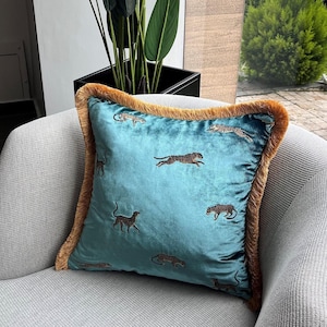 Turquoise Velvet Pillow Cover | Leopard Embroidered Cushion | Decorative Throw Pillow
