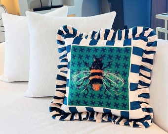 Bee Pattern Throw Pillow For Couch - Velvet Ruffled Cushion Cover - Teal Green Checkered Velvet Cushion - Animal Print - Handmade Paintings
