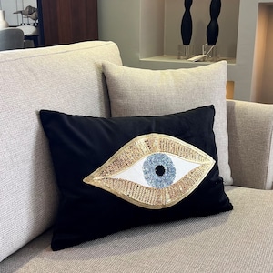 Throw Pillow For Couch - Black Velvet Cushion Cover - Sequinned Evil Eye Pattern - Unique Amulet Room Decor - Protection against Beady Eyes