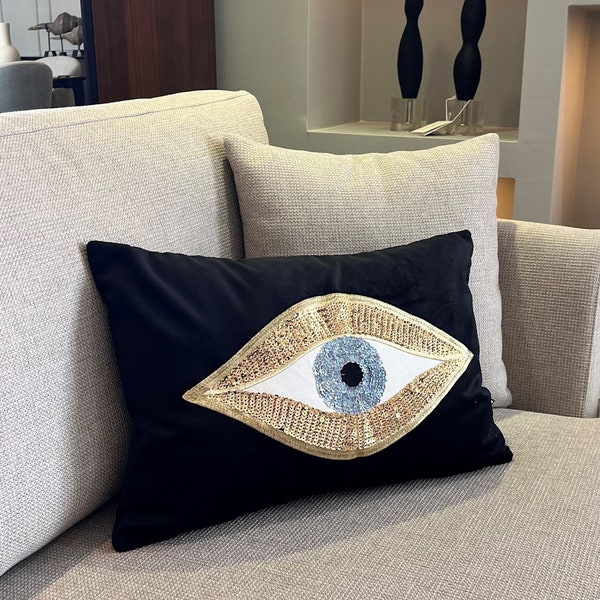 Throw Pillow For Couch - Black Velvet Cushion Cover - Sequinned Evil Eye Pattern - Unique Amulet Room Decor - Protection against Beady Eyes