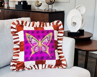 Butterfly Pattern Throw Pillow For Couch - Velvet Ruffled Cushion Cover - Brown Checkered Velvet Cushion - Animal Print Handmade Paintings