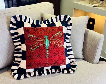Dragonfly Pattern Throw Pillow For Couch - Velvet Ruffled Cushion Cover - Navy Checkered Velvet Cushion - Animal Print Handmade Paintings