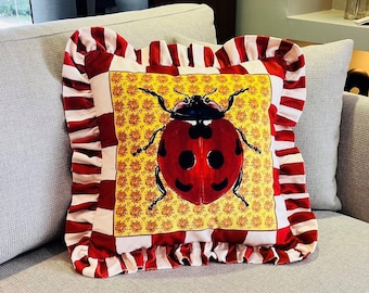 Ladybug Pattern Throw Pillow For Couch - Velvet Ruffled Cushion Cover - Burgundy Checkered Velvet Cushion - Animal Print Handmade Paintings