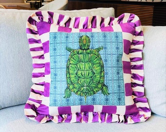 Caretta Caretta Pattern Throw Pillow For Couch - Velvet Ruffled Cushion Cover - Purple Checkered Velvet Cushion - Sea Turtle Animal Print