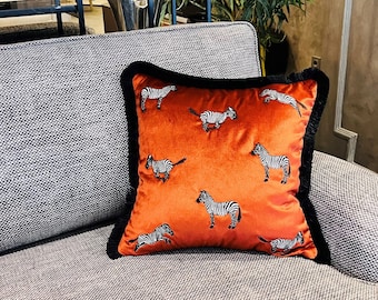 Zebra Print Burnt Orange Pillow Cover - Black Tassel Velvet Throw Pillow - Attractive Boho Home Decor Cushion Cover - Animal Print Pillows