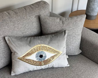 Gray Throw Pillow For Couch - Soft Velvet Cushion Cover - Gold Sequin Evil Eye Pattern - Unique Room Decor - Protection against Beady Eyes