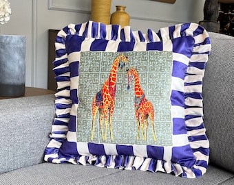 Giraffe Pattern Throw Pillow For Couch - Velvet Ruffled Cushion Cover - Blue Checkered Velvet Cushion - Animal Print Handmade Paintings