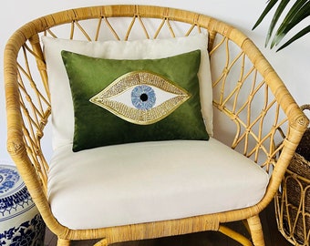 Throw Pillow For Couch - Green Velvet Cushion Cover - Gold Sequin Evil Eye Pattern - Unique Room Decor - Protection against Beady Eyes