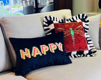 Happy Pillow - Decorative Navy Velvet Throw Pillow Cover - Detailed Smile Embroidered - Colorful Rainbow Cushion - Unique Boho Home Decor