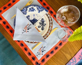Decorative Blue Linen Placemats - Japanese Crane Pattern Placemat Set of 2, 4, 6 - Dining Serving Table - Orange Detailed Colorful Napkins
