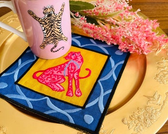 Servilletas de cóctel Pink Panther - Posavasos de café de lino mostaza - Juego de servilletas de bebidas y cócteles - Ropa de cama de tela con estampado animal