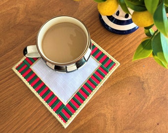 Decorative Christmas Checkers Linen Napkins - Cocktail Napkin Set of 2, 4, 6, 8 - Modern Coffee Presentation - Red & Green Gold Cording