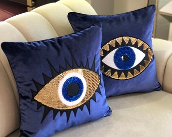 Throw Pillow Set - Evil Eye Throw Pillows - Midnight Blue Accent Pillows - Home Decor Velvet Cushions - Amulet Protection against Misfortune