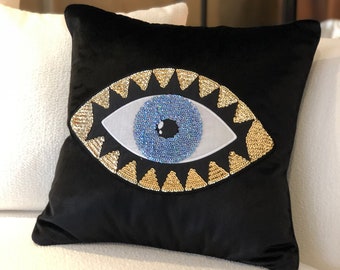 Evil Eye Pillow Cover - Home Decor Black Velvet Pillow Case - Gold Sequin Accent Pillow - Boho Decor Cushion - Protection against Bad Luck