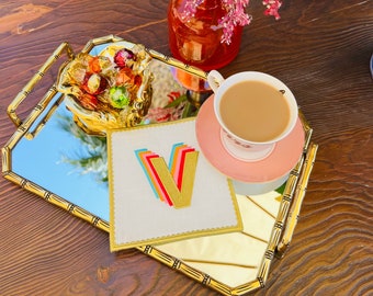 Customized Letter Napkins - Rainbow Color Embroidered Cream Linen Coffee Decor - Gold Cording