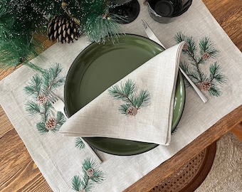 Christmas Table Decor Placemats - Pine Cone Pattern Cloth Placemat Set of 2 4 6 8 - Embroidered Coastal Set - 14 x 20 inch - Table Linens