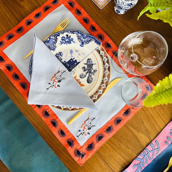 Sets de table décoratifs en lin bleu - Modèle de grue japonaise Set de 2, 4, 6 - Table de service à manger - Serviettes colorées détaillées orange