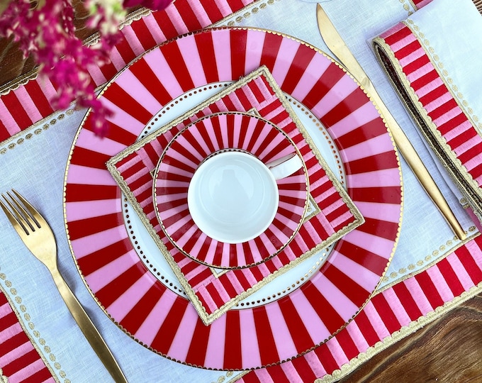 Featured listing image: Candy Placemats - Pink Checkers Decorative Placemat Set of 4, 6, 8 - Pink & Red Pattern Linen Table Napkins - Gold Detailed Dining Napkins