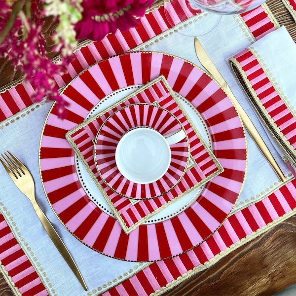 Candy Placemats - Pink Checkers Decorative Placemat Set of 4, 6, 8 - Pink & Red Pattern Linen Table Napkins - Gold Detailed Dining Napkins