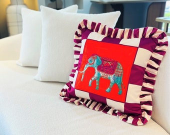 Elephant Pattern Throw Pillow For Couch - Velvet Ruffled Cushion Cover - Purple Checkered Velvet Cushion - Animal Print Handmade Paintings
