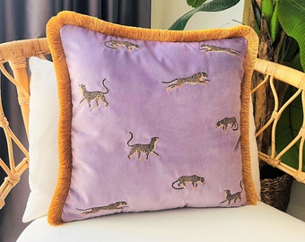 Leopard Pattern Throw Pillow - Purple Velvet Pillow Case - Copper Tassel Cushion Cover - Decorative Home Decor Pillow - Accent Pillow Cover