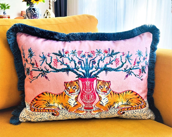 Featured listing image: Tiger Pattern Throw Pillow Cover - Pink Velvet Pillow Case - Petrol Blue Tassel Cushion - Decorative Home Decor Pillow - Animal Print Pillow