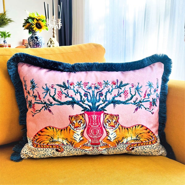 Housse de coussin motif tigre - taie d'oreiller en velours rose - coussin à pampilles bleu pétrole - coussin décoratif pour la maison - coussin à imprimé animal