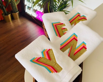 Monogram Hand Towel for Bathroom - Hand Towel Set for Bath & Kitchen Decor - Embroidered Rainbow Color Initial Towel - Decorative Towel