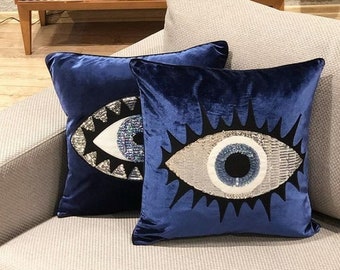 Throw Pillow Set - Evil Eye Pillow Covers - Midnight Blue Velvet Cushions - Boho Home Decor Throw Pillows - Protection against Bad Luck