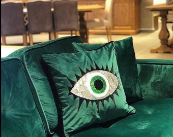 Evil Eye Pillow Cover - Green Velvet Cushion - Silver Sequin Throw Pillow - Decorative Unique Home Decor - Protection against Bad Luck