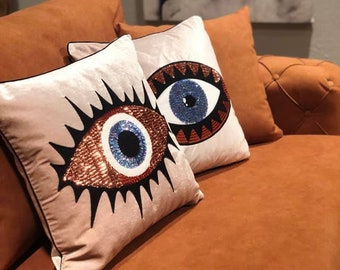 Throw Pillow Set - Evil Eye Pillow Cases - Beige Velvet Accent Pillows - Unique Home Decor Cushions - Amulet Protection against Misfortune