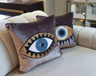 Throw Pillow Set - Evil Eye Pillow Covers - Light Brown Velvet Accent Cushions - Unique Home Decor - Amulet Protection against Misfortune