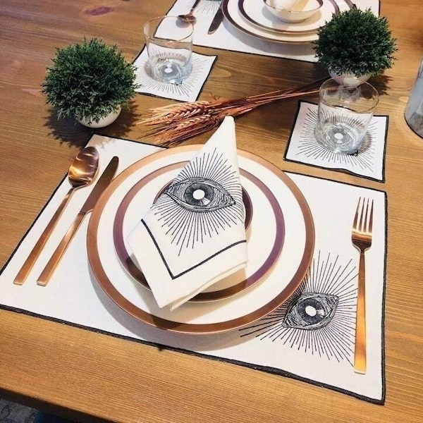 Eye Pattern Cloth Placemats - Decorative White Linen Placemat set of 2 4 6 8 - High Quality Boho Table Linen - 14 x 20 inch Embroidered Eye