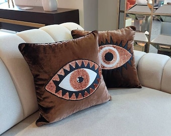 Throw Pillow Set - Evil Eye Pillow Covers - Brown Velvet Accent Pillows - Unique Home Decor Cushions - Amulet Protection against Misfortune