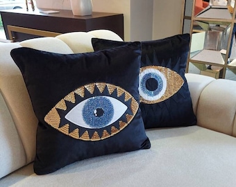 Throw Pillow Set - Evil Eye Pillow Covers - Black Velvet Throw Pillows - Gold & Blue Sequin Accent Cushions - Amulet Bad Vibes Protector