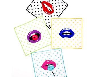 Vintage Lips Pattern Cocktail Napkin Set of 4 - Beverage Coasters -  Cloth Napkin Set of 4  - Embroidered Linen Table Napkins - Gift idea