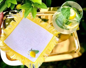 Decorative Lemon Pattern Linen Napkins - Embroidered Coffee Presentation - Yellow Fringe Cocktail Napkin Set of 2, 4, 6, 8 - Cloth Napkins