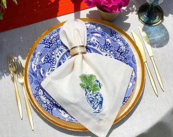 Linnen service servetset - Blauwe Blanc Vaas Geborduurde Doek Servet set van 4 - 6 - 8 - Housewarming cadeau - Unieke tafeldecorpresentatie