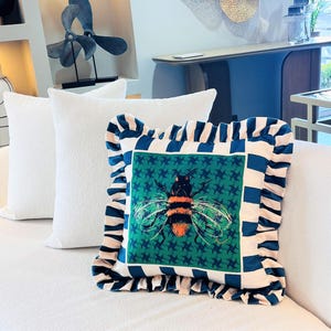 Bee Pattern Throw Pillow For Couch - Velvet Ruffled Cushion Cover - Teal Green Checkered Velvet Cushion - Animal Print - Handmade Paintings