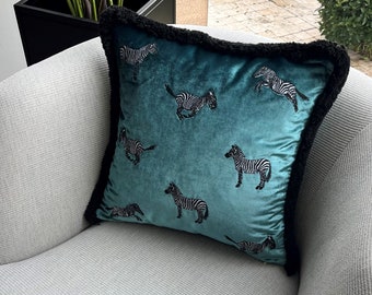 Turquoise Velvet Pillow Cover For Couch - Zebra Pattern Boho Decor Throw Pillow - Attractive Animal Print Black Tassel Cushion Cover