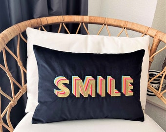 Smile Pillow - Decorative Navy Velvet Throw Pillow Cover - Detailed Smile Embroidered - Colorful Rainbow Cushion - Unique Boho Home Pillow