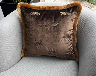 Leopard Patterned Pillow Case - Brown Velvet Pillow Cover - Copper Color Tasseled Throw Pillow - Decorative Sham - Cheetah Pillow
