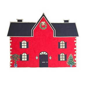 Christmas House Shaped Linen Placemat - Red Placemat Set of 2, 4, 6 - Christmas Village Embroidered Napkins - New Year Dining Table Linens