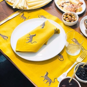 Leopard Pattern Placemat Set - Yellow Linen Cloth Placemat Set of 4, 6, 8 - %100 Linen Decorative Placemat - Unique Table Linens