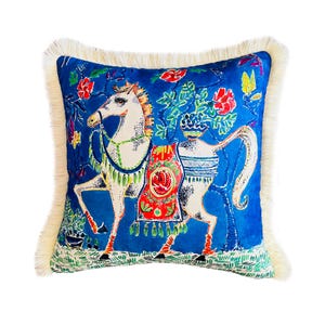 White Horse Throw Pillow - Blue Accent Cushion - Equestrian Home Decor