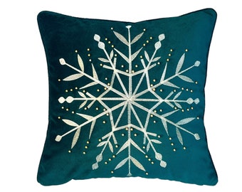 Snowflake Pattern Throw Pillow Cover - Green Velvet Pillow Case - Christmas Series Cushion Cover - Real Gold Beaded & Embroidered Cushion