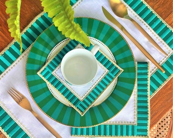 Candy Placemats - Green Checkered Decorative Placemat Set of 4, 6, 8 - Checker Pattern Linen Table Napkins - Gold Detailed Dining Napkins