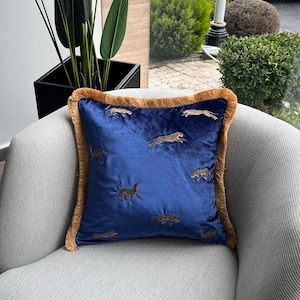 Leopard Pattern Blue Velvet Pillow Cover | Embroidered Navy Cushion with Gold Tassels | Decorative Throw for Couch