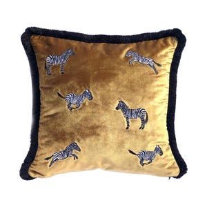 Zebra Print Gold Velvet Pillow – Black Tassel Boho Cushion for Couch