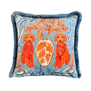 Poodle Velvet Pillow - Blue Dog Cushion with Fringe - Artistic Home Decor
